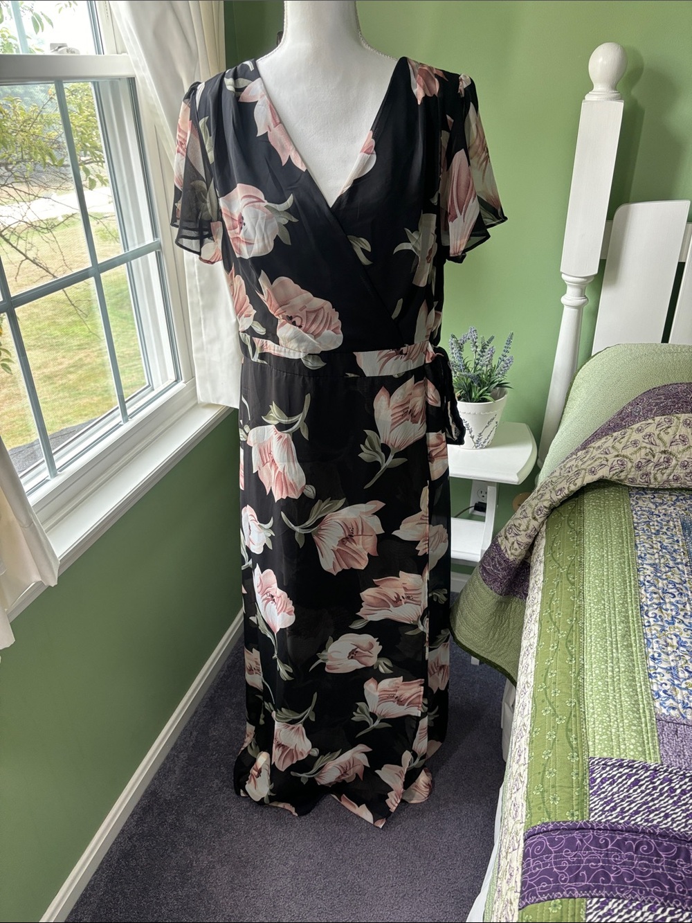 Black Floral Wrap Maxi Dress with Pink Blooms